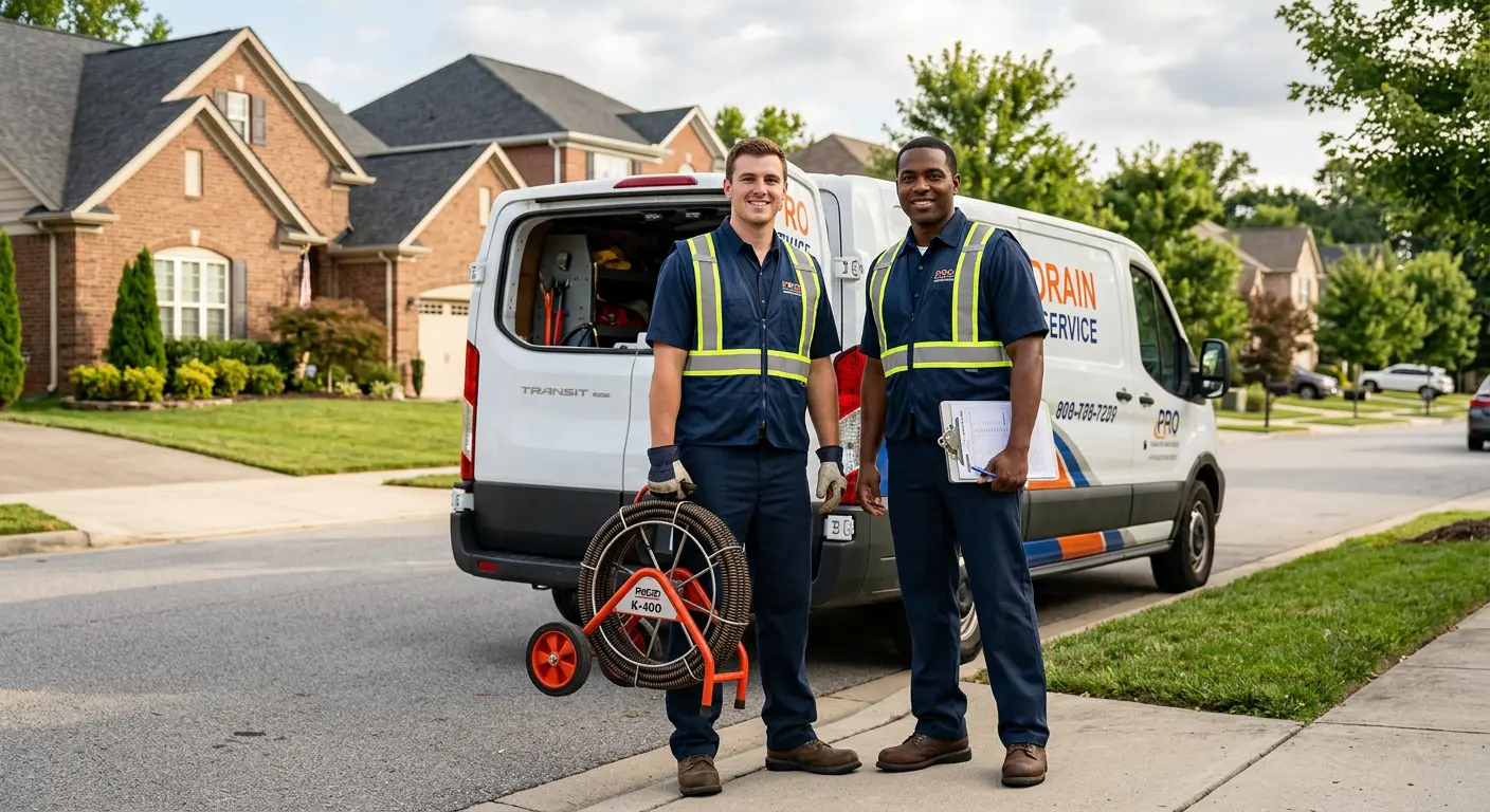 Sewer and drain service team with equipment ready for work in Edina