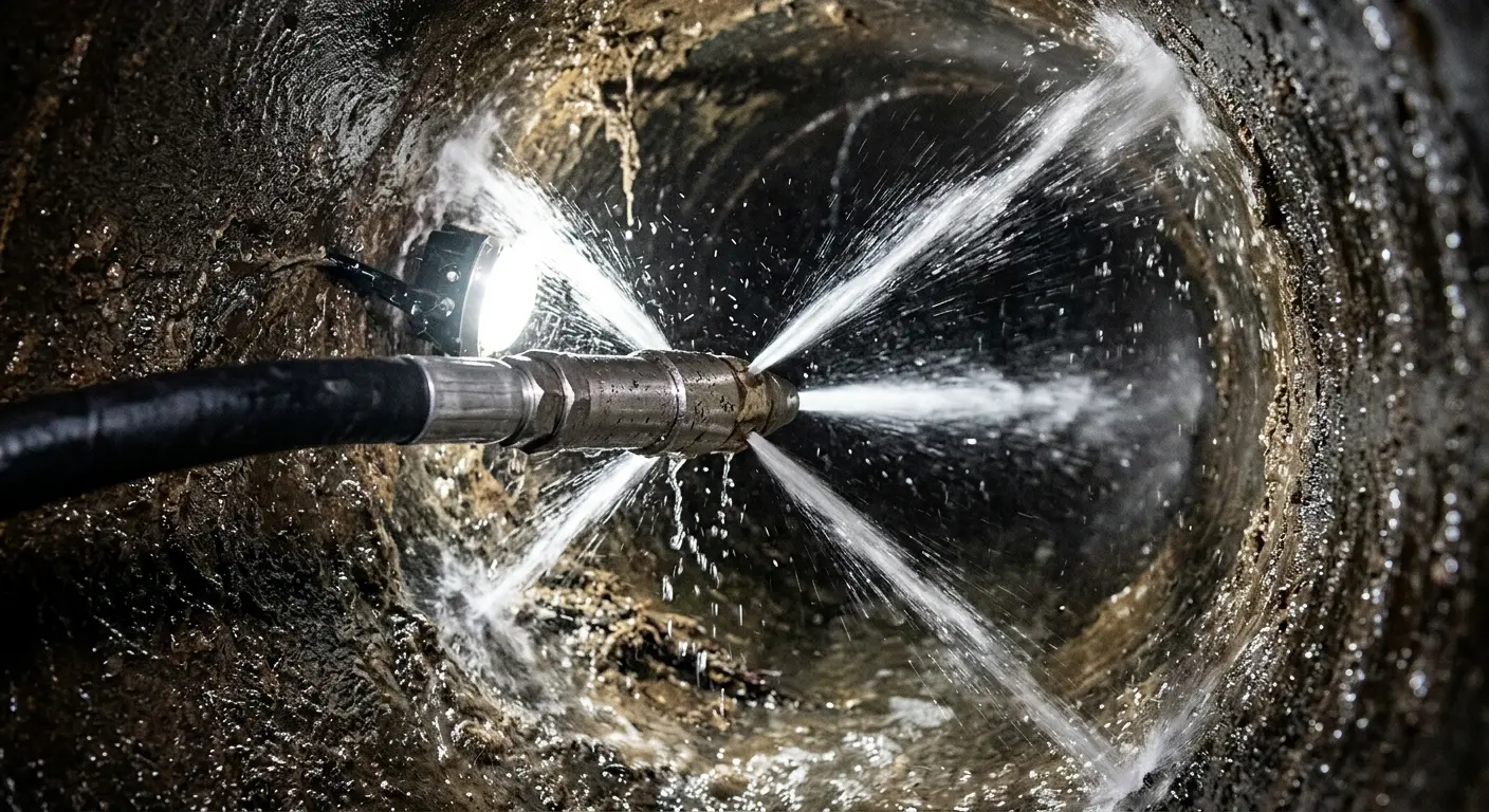 High-pressure hydro jetting nozzle cleaning sewer pipe for Sewer Cleanout in Edina