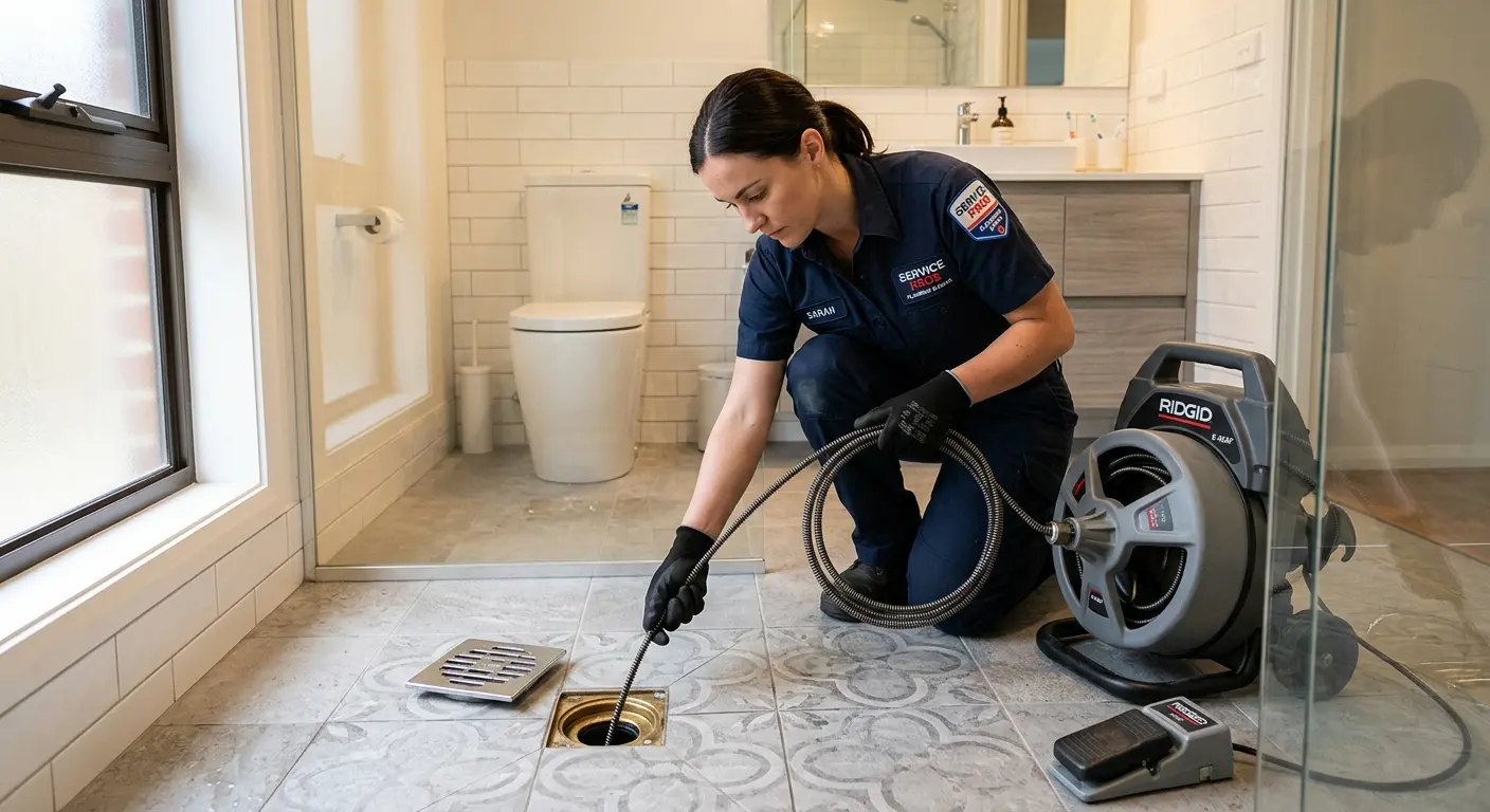 Technician clearing a bathroom floor drain for Hydro Jetting in Edina